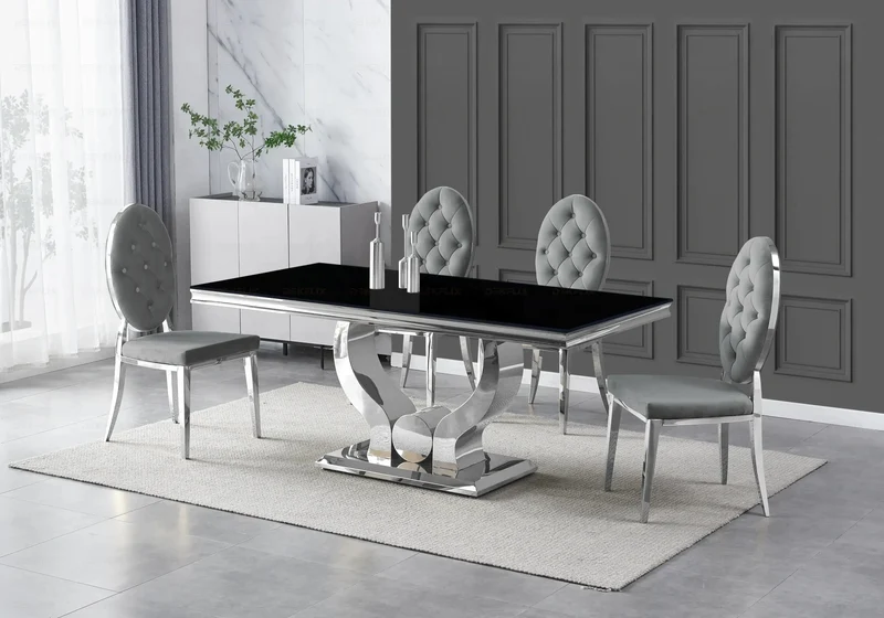 Table verre noir et 4 chaises capitonnées argent – Omega