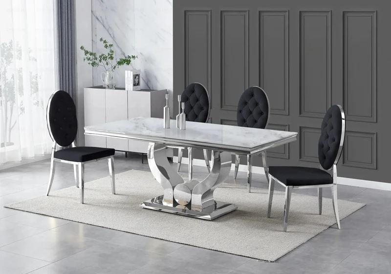 Table marbre beige et 4 chaises capitonnées argent – Omega