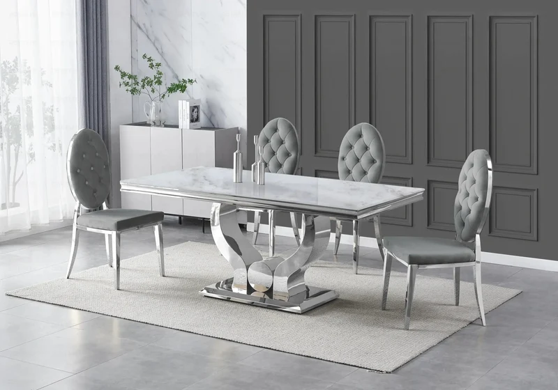 Table marbre beige et 4 chaises capitonnées argent – Omega
