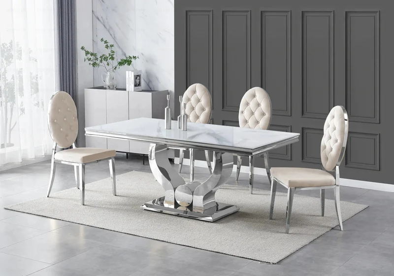 Table marbre blanc et 4 chaises capitonnées argent – Omega