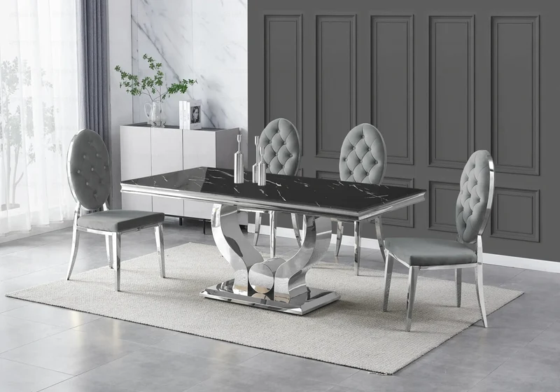 Table marbre noir et 4 chaises capitonnées argent – Omega