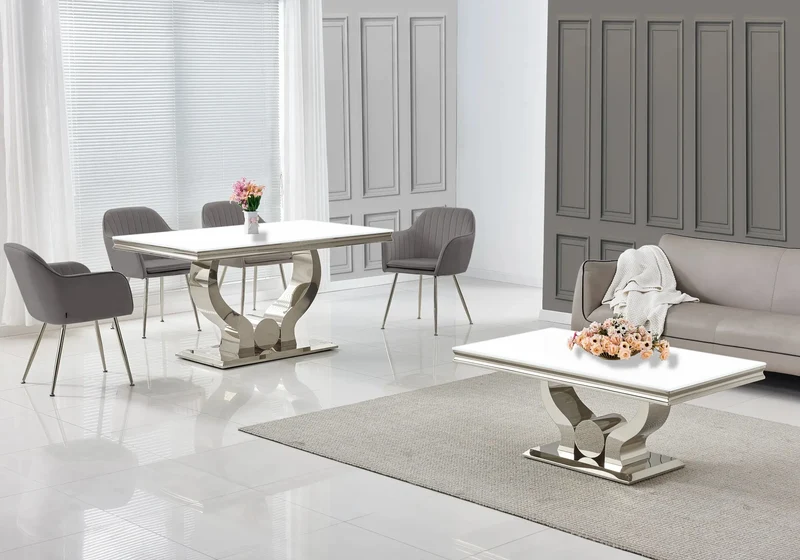 Salle à manger complète verre blanc argent – Omega