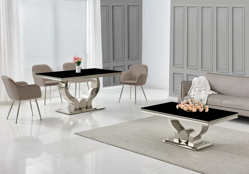 Salle à manger complète verre noir argent – Omega