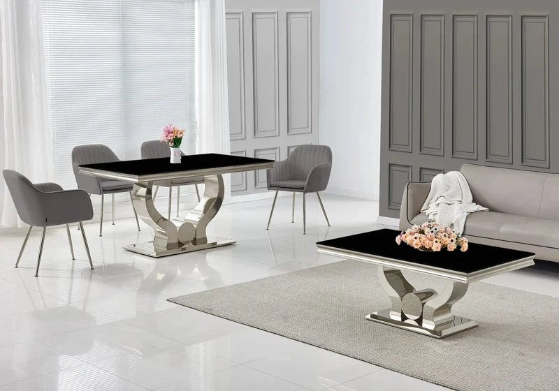 Salle à manger complète verre noir argent – Omega