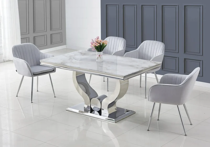 Salle à manger complète marbre beige argent – Omega