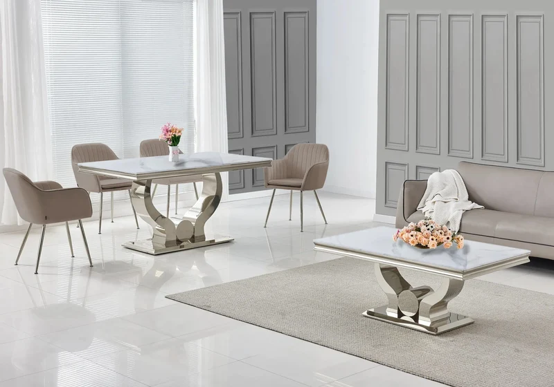 Salle à manger complète marbre blanc argent – Omega
