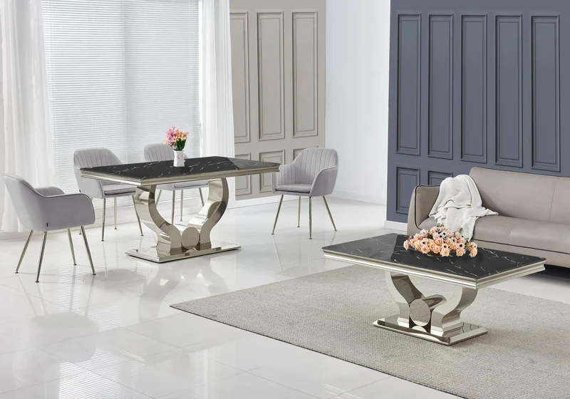 Salle à manger complète marbre noir argent – Omega