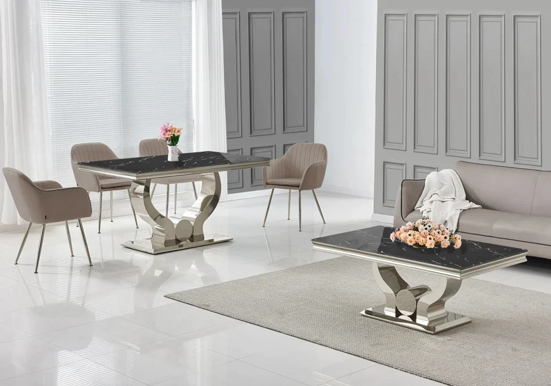 Salle à manger complète marbre noir argent – Omega