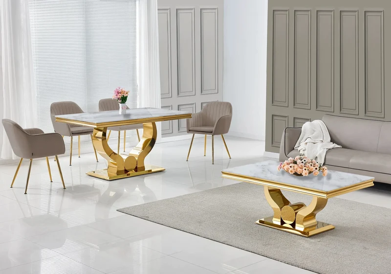 Salle à manger complète marbre beige doré – Omega