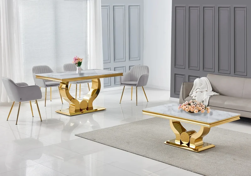 Salle à manger complète marbre beige doré – Omega