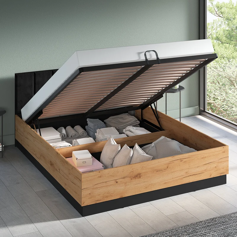 Lit coffre 160x200 sommier inclus Solal Bois et Noir