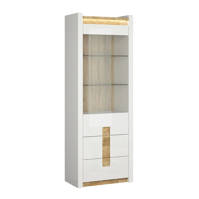 Vitrine 1 porte 2 tiroirs avec LED Helios Blanc laqué et Bois