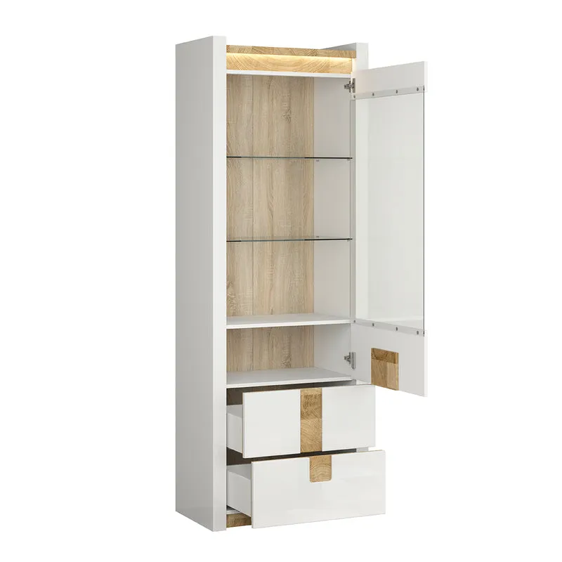 Vitrine 1 porte 2 tiroirs avec LED Helios Blanc laqué et Bois