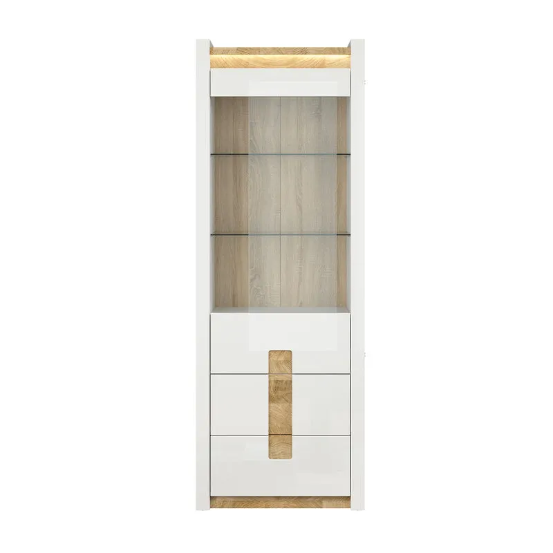 Vitrine 1 porte 2 tiroirs avec LED Helios Blanc laqué et Bois