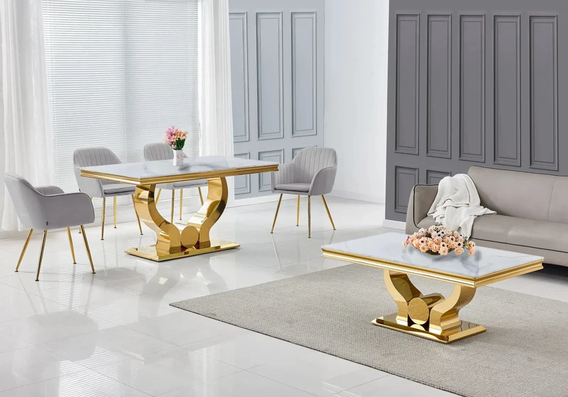Salle à manger complète marbre blanc doré – Omega