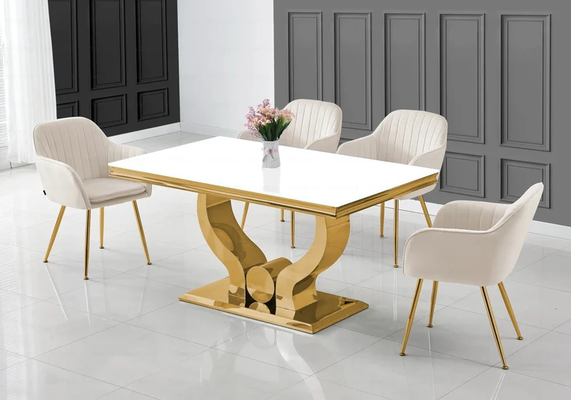 Ensemble table verre blanc et chaises dorés – Omega