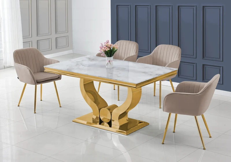 Ensemble table marbre beige et chaises dorés – Omega