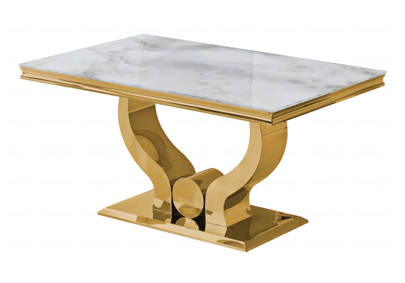 Ensemble table marbre beige et chaises dorés – Omega