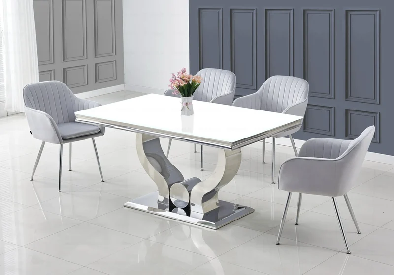 Ensemble table verre blanc et chaises argent – Omega