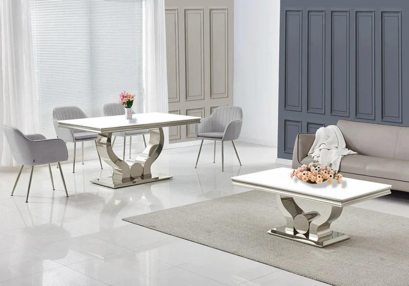 Ensemble table verre blanc et chaises argent – Omega
