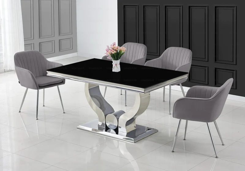 Ensemble table verre noir et chaises argent – Omega