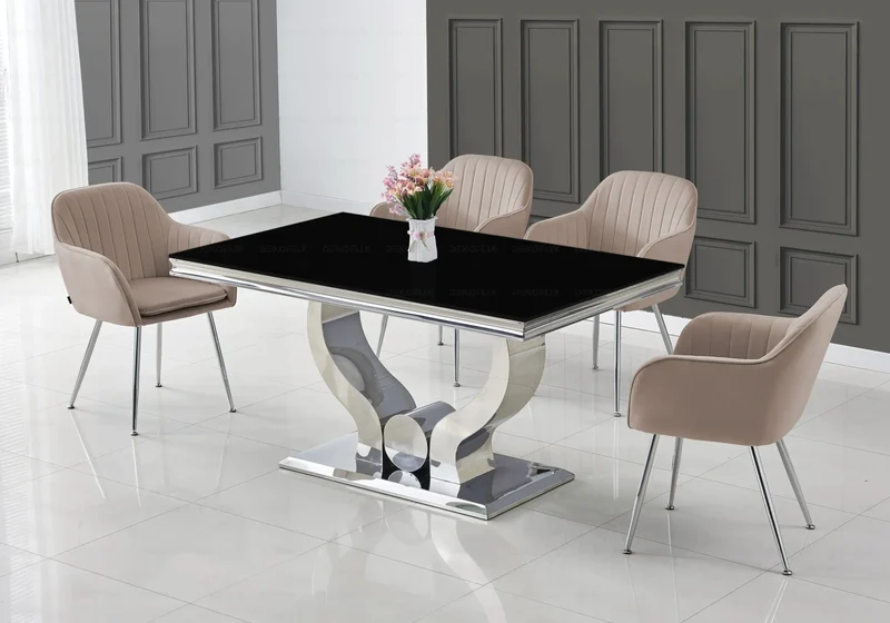 Ensemble table verre noir et chaises argent – Omega