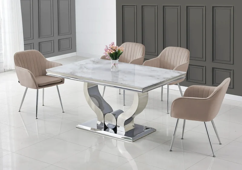 Ensemble table marbre beige et chaises argent – Omega