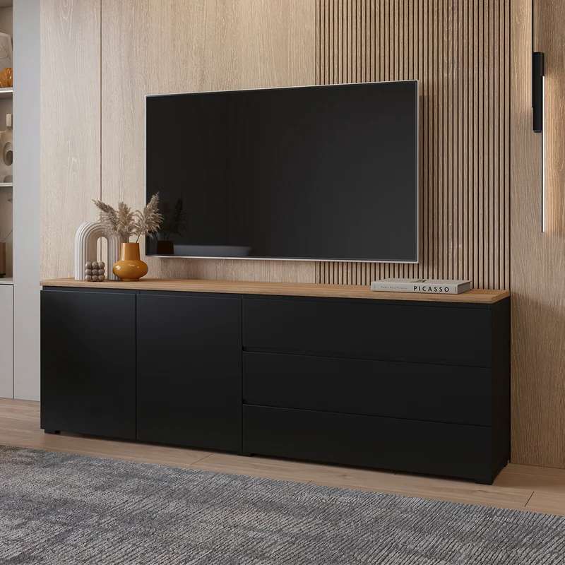 Buffet long 2 portes 3 tiroirs Liko Noir et Bois