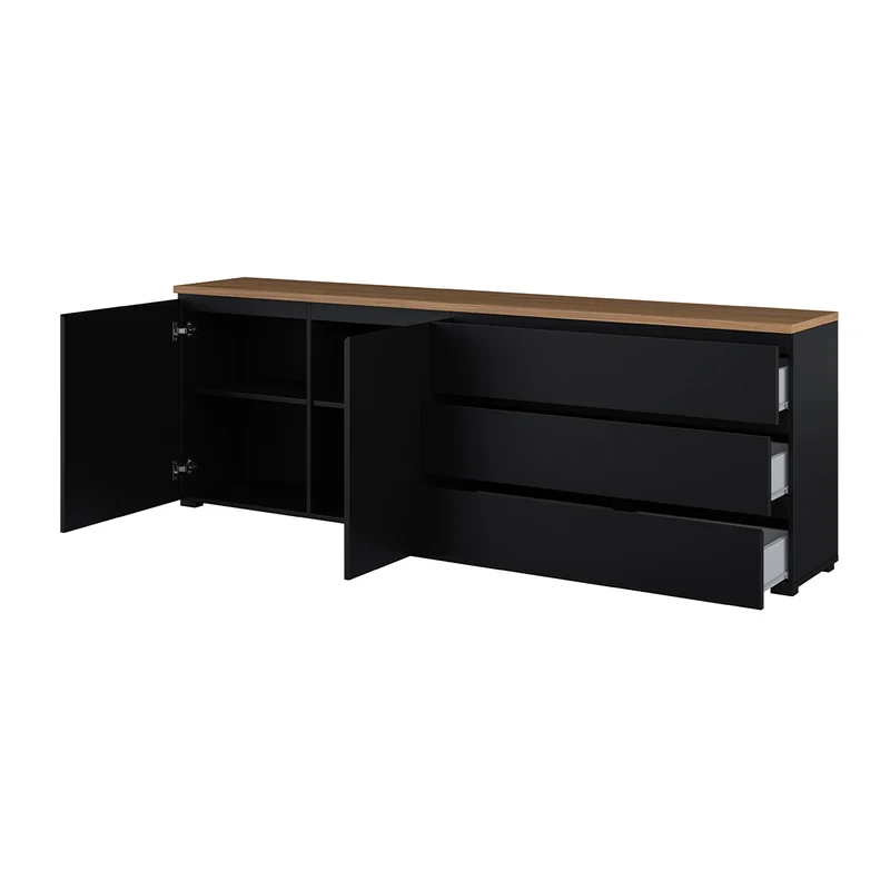 Buffet long 2 portes 3 tiroirs Liko Noir et Bois