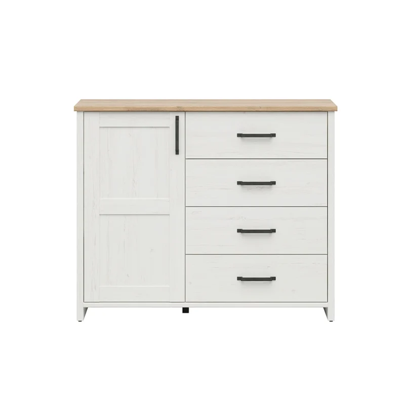 Buffet 1 porte 4 tiroirs Aksel Blanc et Bois
