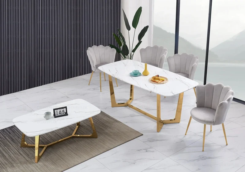Ensemble salle à manger marbre blanc doré – Gaya