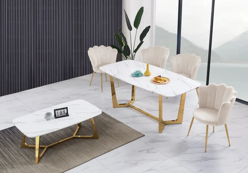Ensemble salle à manger marbre blanc doré – Gaya