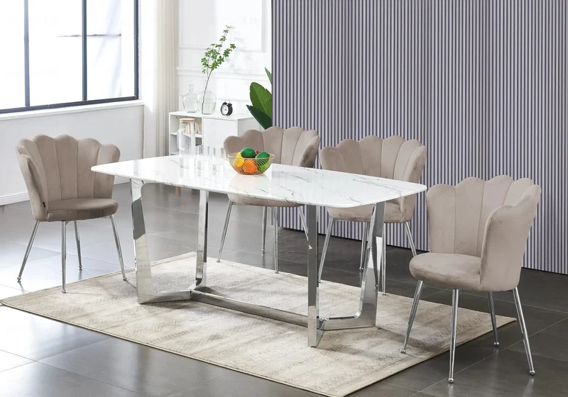 Table marbre blanc et 4 chaises argent - Gaya