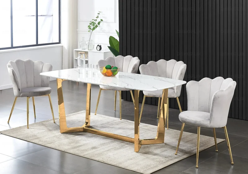Table marbre blanc et 4 chaises doré - Gaya