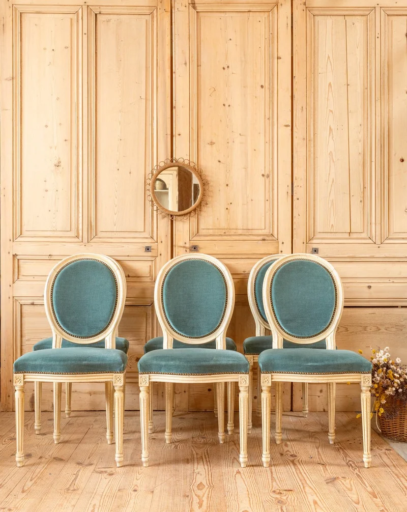 Claude, le lot de 6 chaises en bois et tissu bleu N°1463