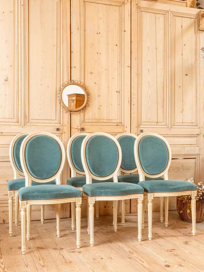 Claude, le lot de 6 chaises en bois et tissu bleu N°1463