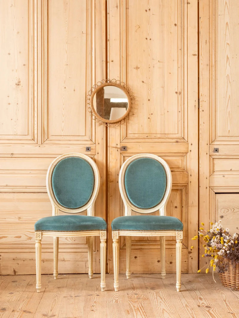 Claude, le lot de 6 chaises en bois et tissu bleu N°1463