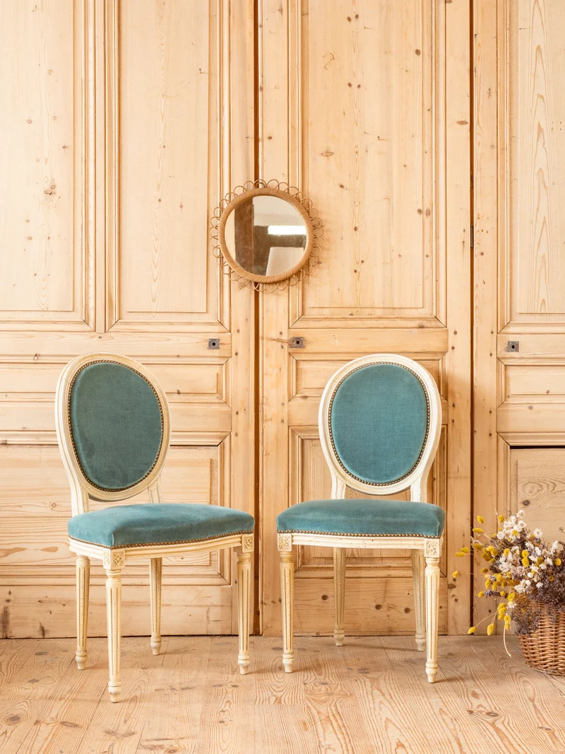 Claude, le lot de 6 chaises en bois et tissu bleu N°1463