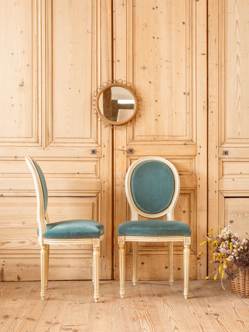 Claude, le lot de 6 chaises en bois et tissu bleu N°1463