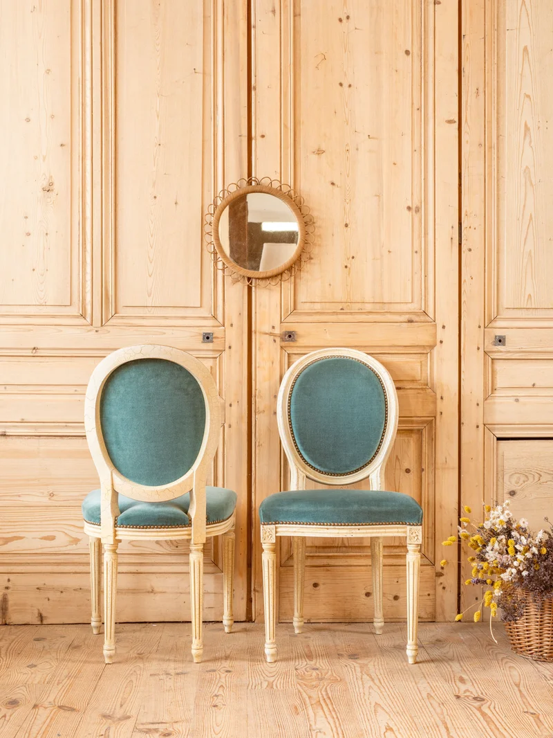 Claude, le lot de 6 chaises en bois et tissu bleu N°1463