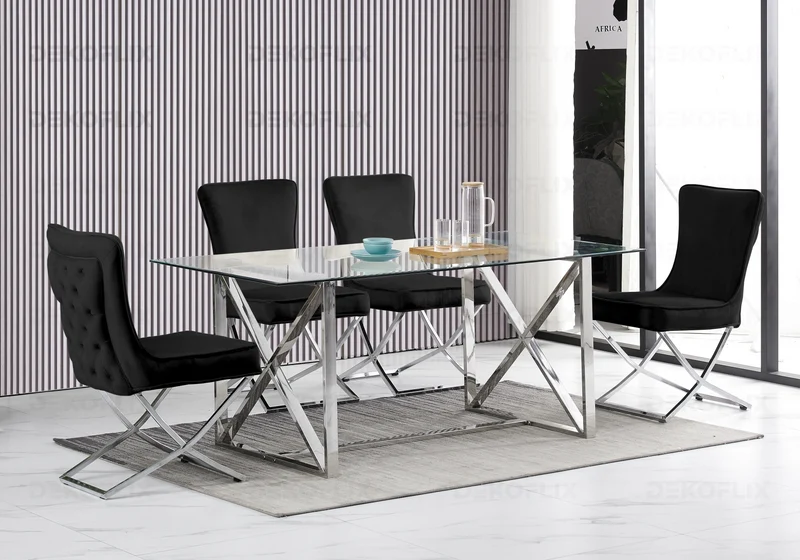 Table verre et 4 chaises velours noir argent - Enzo