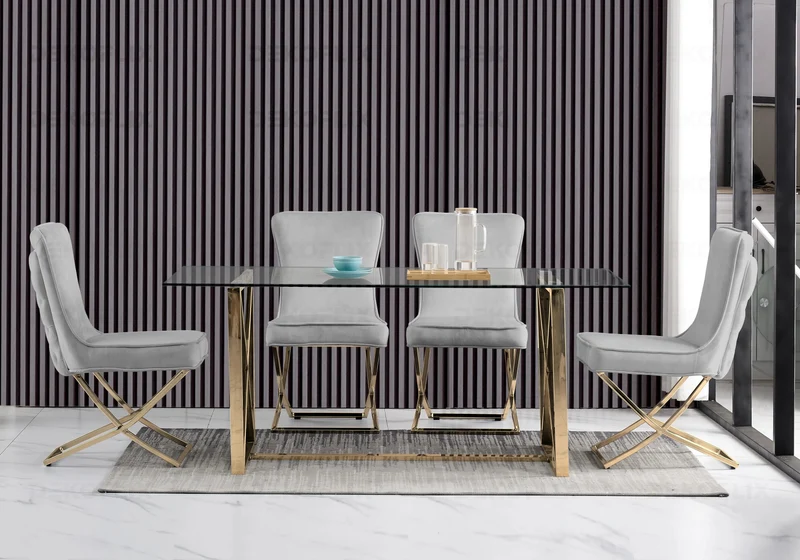Table verre et 4 chaises velours anthracite dorée - Enzo