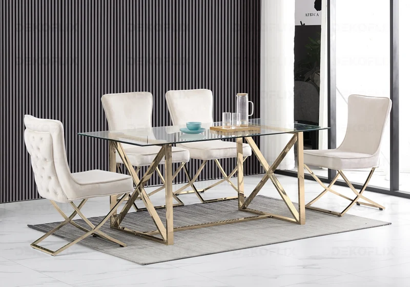 Table verre et 4 chaises velours beige dorée - Enzo