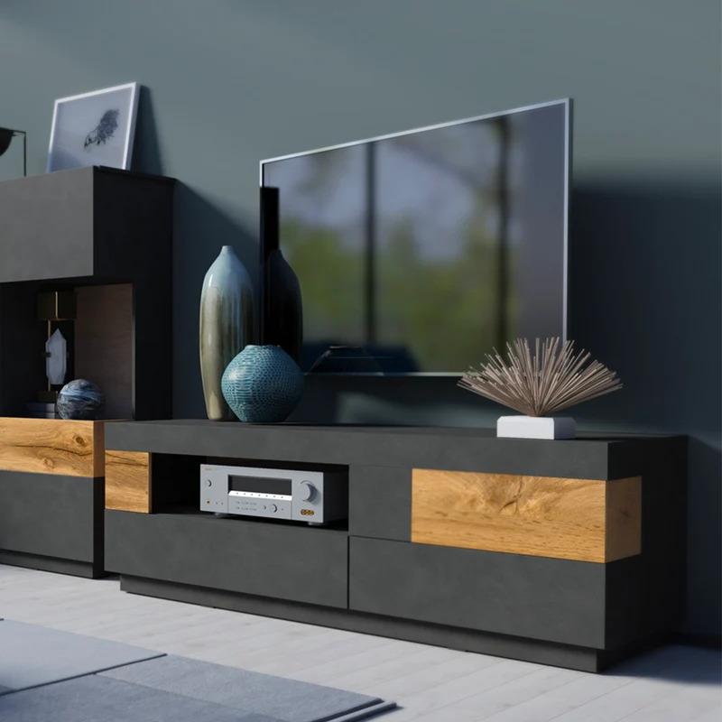 Meuble TV 1 porte 2 tiroirs 160 cm Andrea Gris anthracite et Bois