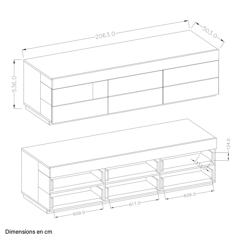 Meuble TV 6 tiroirs 206 cm Andrea Gris anthracite et Bois