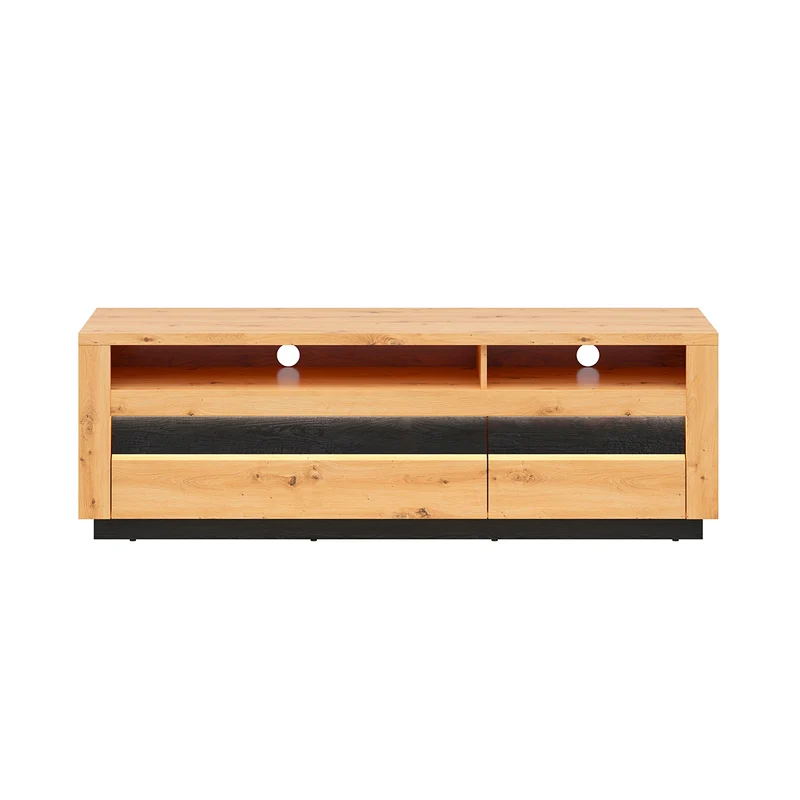 Meuble TV 2 tiroirs 2 niches 161 cm avec LED Glenn Bois et Noir