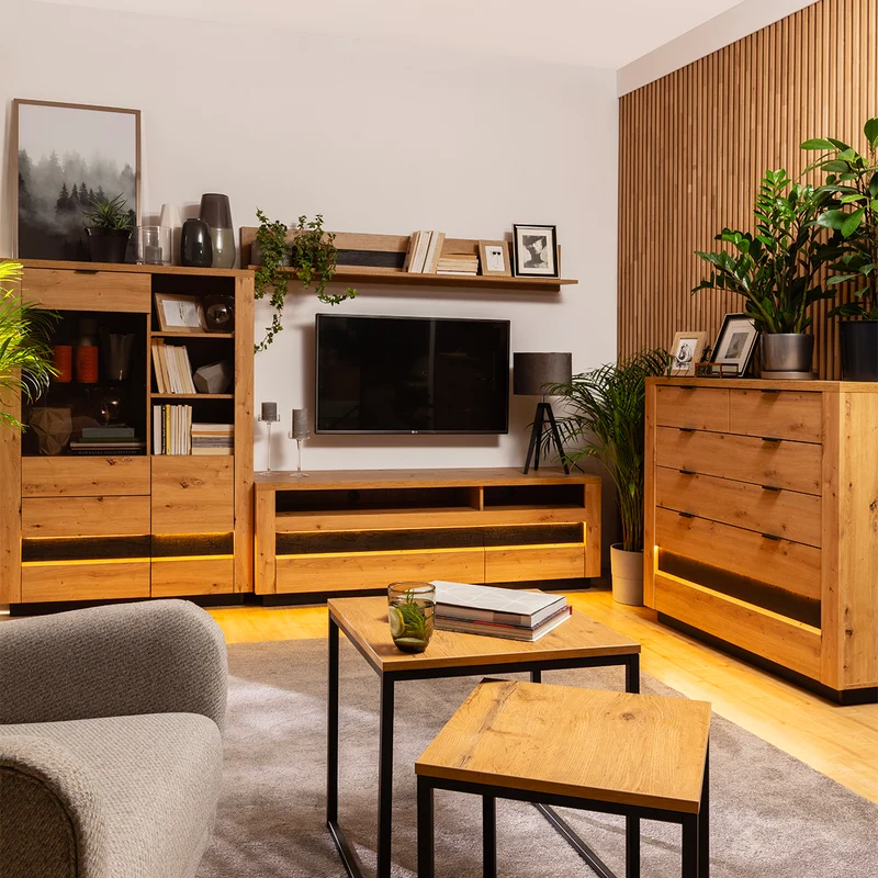 Meuble TV 2 tiroirs 2 niches 161 cm avec LED Glenn Bois et Noir