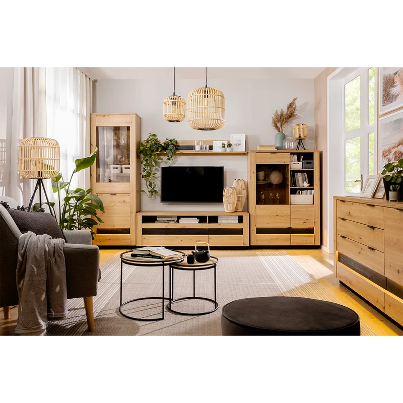 Meuble TV 2 tiroirs 2 niches 161 cm avec LED Glenn Bois et Noir
