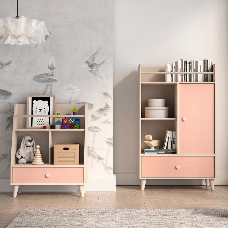 Bibliothèque 1 porte 1 tiroir Alycia Beige et Rose