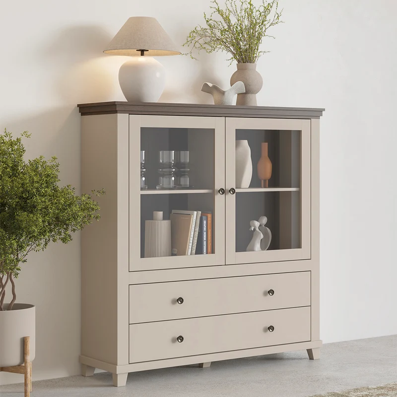 Vaisselier 2 portes 2 tiroirs Martin Beige et Bois
